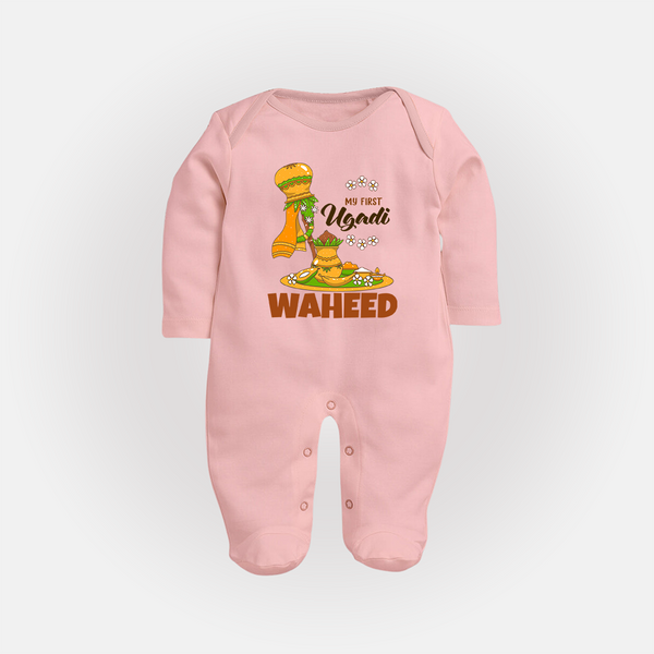 “My First Ugadi Baby Fullbody Suit (Custom Name)” - BABY PINK - New Born (Chest 7.5")