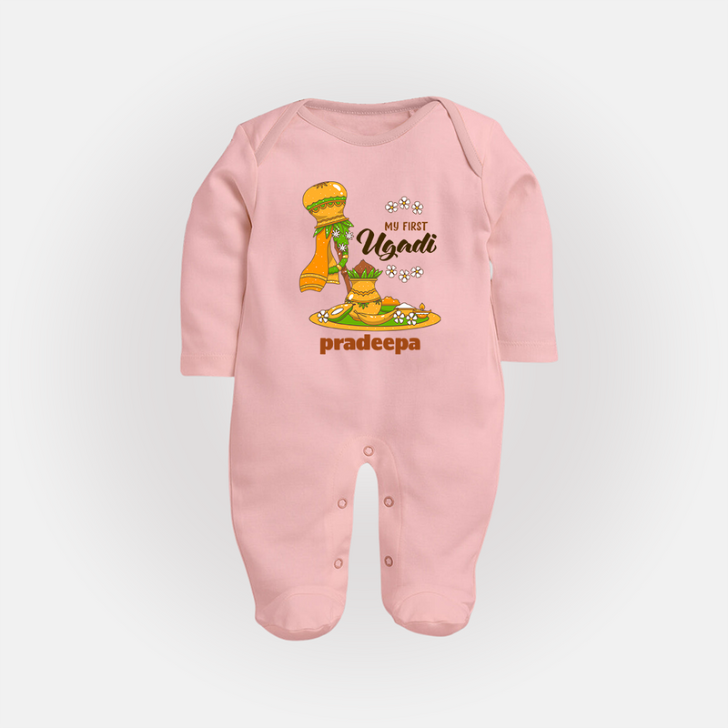 My First Ugadi Ð A New Beginning With Our Customized Sleep Suit For Babies With Name - BABY PINK - New Born (Chest 7.5")