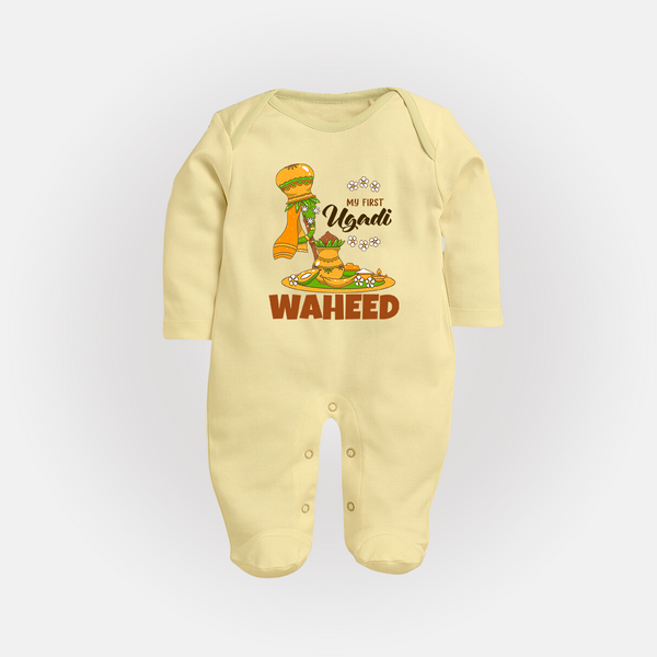 “My First Ugadi Baby Fullbody Suit (Custom Name)” - PASTEL YELLOW - New Born (Chest 7.5")