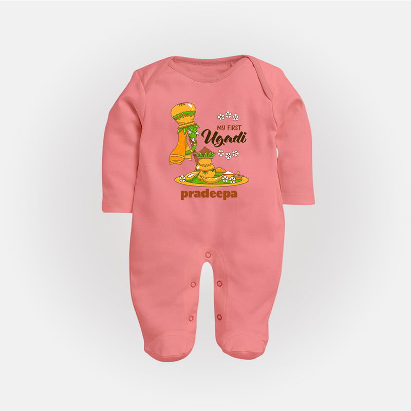 My First Ugadi Ð A New Beginning With Our Customized Sleep Suit For Babies With Name - PEACH - New Born (Chest 7.5")