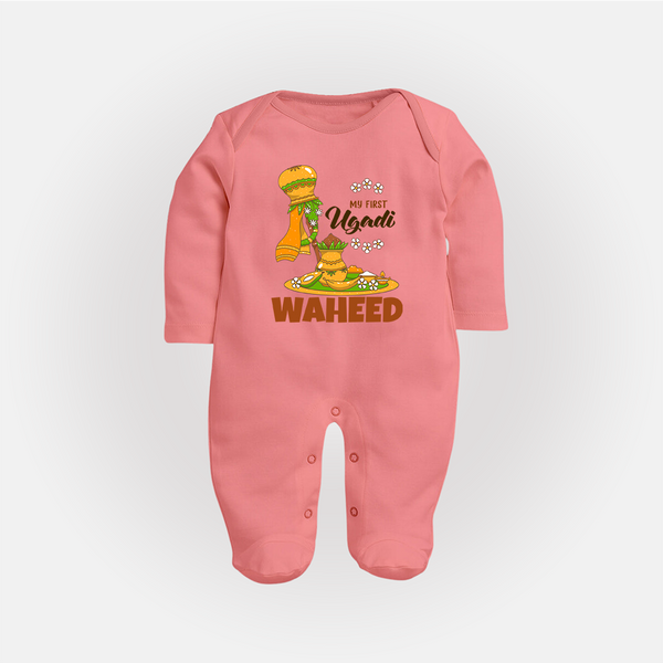 “My First Ugadi Baby Fullbody Suit (Custom Name)” - PEACH - New Born (Chest 7.5")