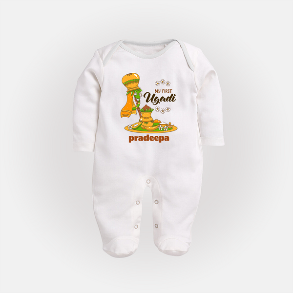 My First Ugadi Ð A New Beginning With Our Customized Sleep Suit For Babies With Name - WHITE - New Born (Chest 7.5")