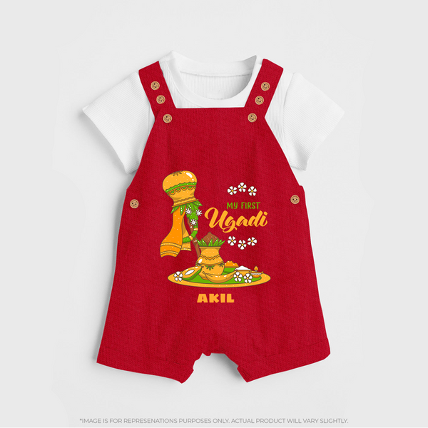 My First Ugadi Ð A New Beginning With Our Customized Dungaree Set For kids With Name - RED - 0 - 5 Months Old (Chest 18")