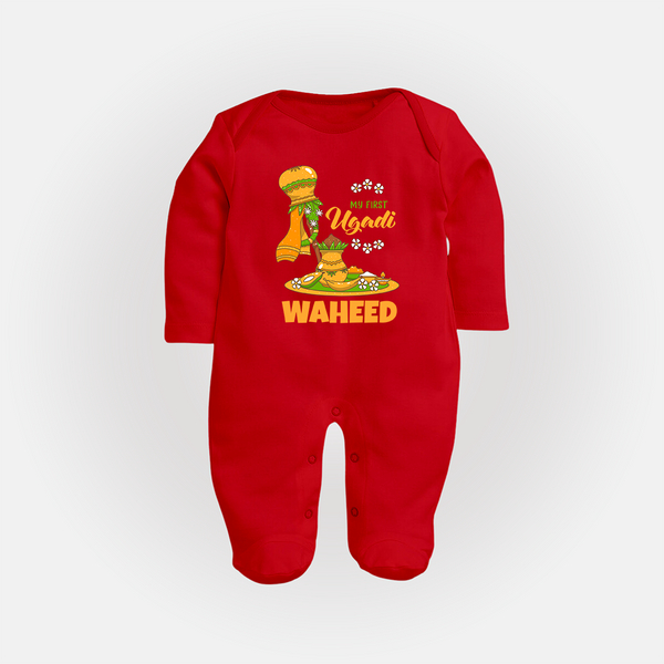 “My First Ugadi Baby Fullbody Suit (Custom Name)” - RED - New Born (Chest 7.5")
