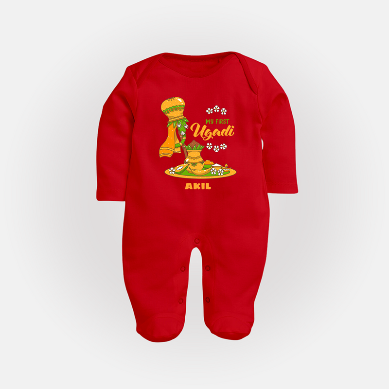 My First Ugadi Ð A New Beginning With Our Customized Sleep Suit For Babies With Name - RED - New Born (Chest 7.5")