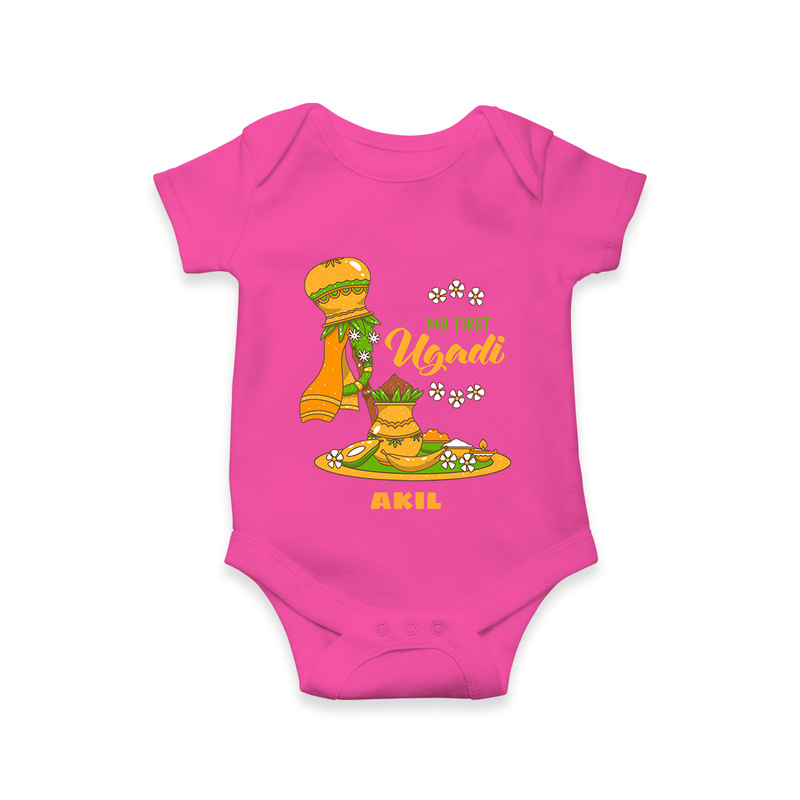 My First Ugadi Ð A New Beginning With Our Customized Romper For Babies With Name - HOT PINK - 0 - 3 Months Old (Chest 16")