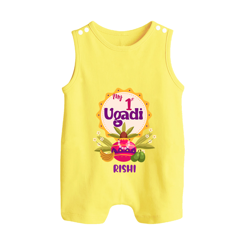 My First Ugadi In Traditional Style With Our Customized Romper Suit For Babies With Name - PASTEL YELLOW - 0 - 5 Months Old (Chest 18")