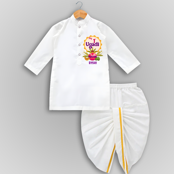 My First Ugadi In Traditional Style With Our Customized Drapped Dhoti For kids With Name - WHITE - 0 - 6 Month Old (Chest 24", Kurta Length 14" , Waist 19", Dhoti Length 14")