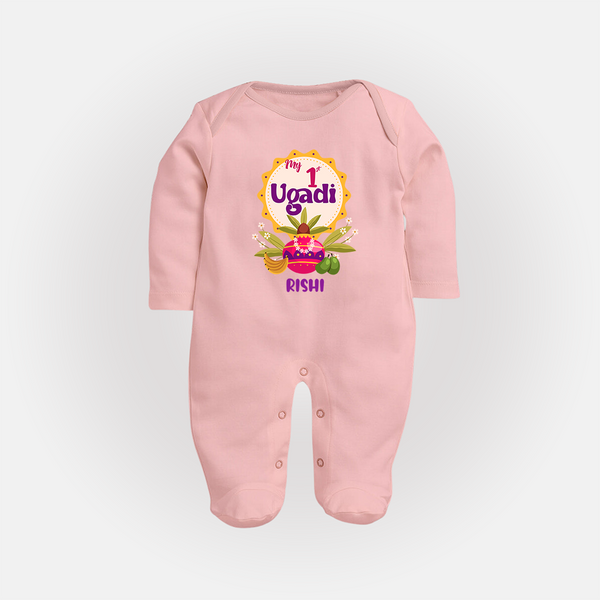 My First Ugadi In Traditional Style With Our Customized Sleep Suit For Babies With Name - BABY PINK - New Born (Chest 7.5")