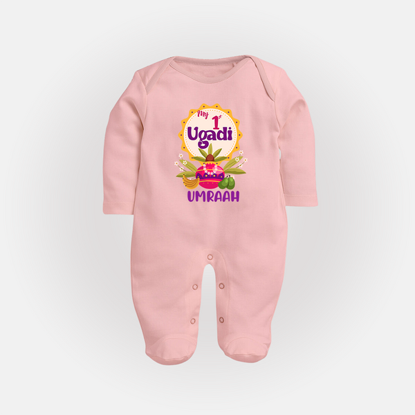 “My First Ugadi – Custom Name Baby Festive Fullbody Suit” - BABY PINK - New Born (Chest 7.5")