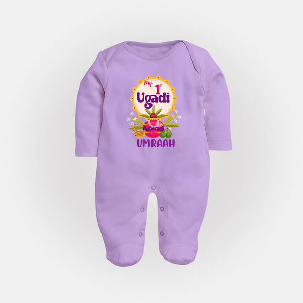 “My First Ugadi – Custom Name Baby Festive Fullbody Suit” - LILAC - New Born (Chest 7.5")