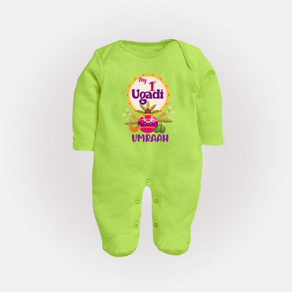 “My First Ugadi – Custom Name Baby Festive Fullbody Suit” - LIME GREEN - New Born (Chest 7.5")
