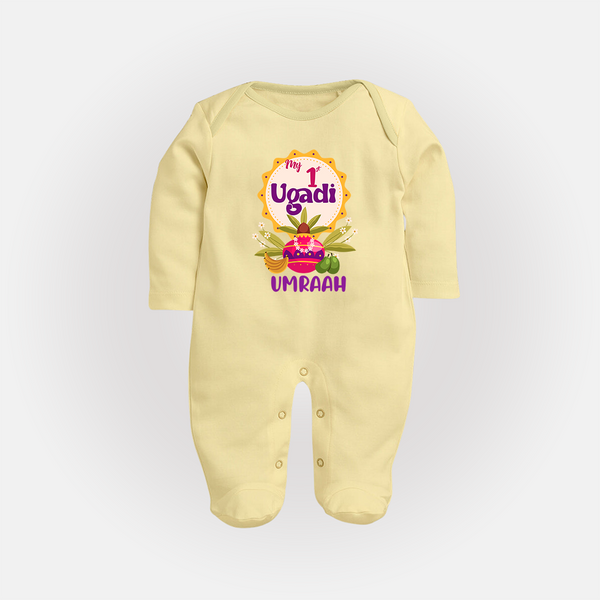 “My First Ugadi – Custom Name Baby Festive Fullbody Suit” - PASTEL YELLOW - New Born (Chest 7.5")