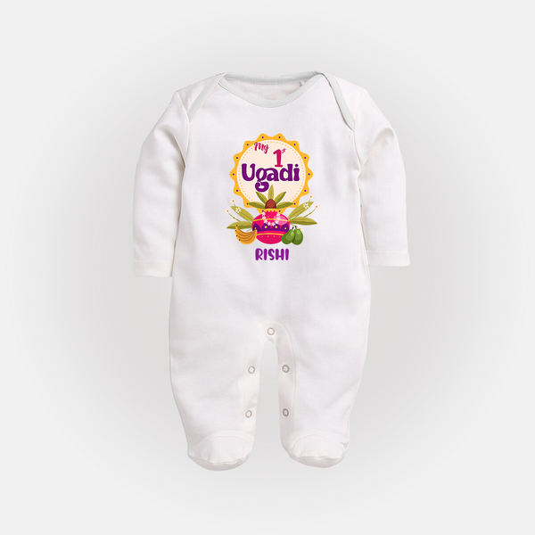 My First Ugadi In Traditional Style With Our Customized Sleep Suit For Babies With Name - WHITE - New Born (Chest 7.5")