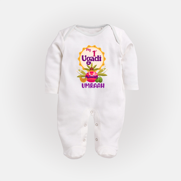 “My First Ugadi – Custom Name Baby Festive Fullbody Suit” - WHITE - New Born (Chest 7.5")