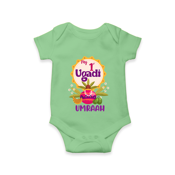“My First Ugadi – Custom Name Baby Festive Romper” - GREEN - New Born (Chest 14")