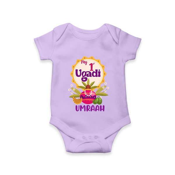 “My First Ugadi – Custom Name Baby Festive Romper” - LILAC - New Born (Chest 14")
