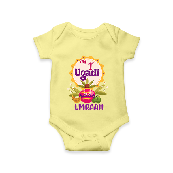 “My First Ugadi – Custom Name Baby Festive Romper” - PASTEL YELLOW - New Born (Chest 14")