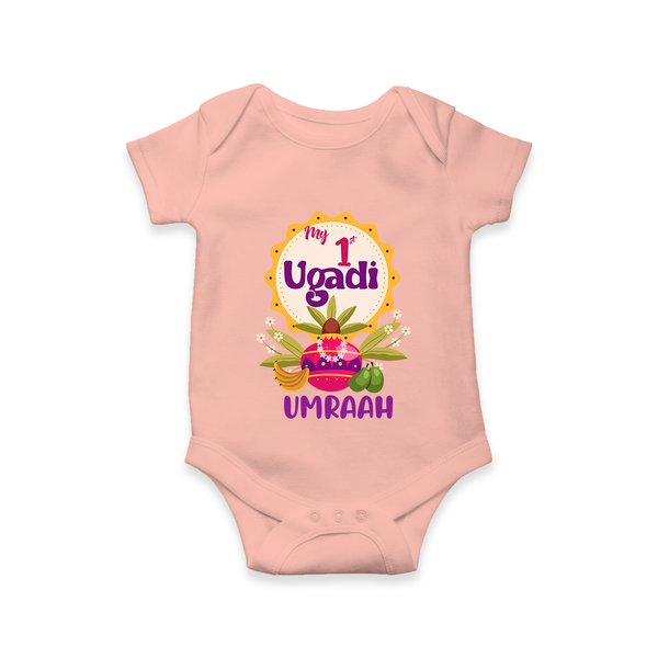 “My First Ugadi – Custom Name Baby Festive Romper” - PEACH - New Born (Chest 14")