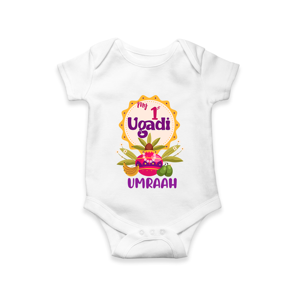 “My First Ugadi – Custom Name Baby Festive Romper” - WHITE - New Born (Chest 14")