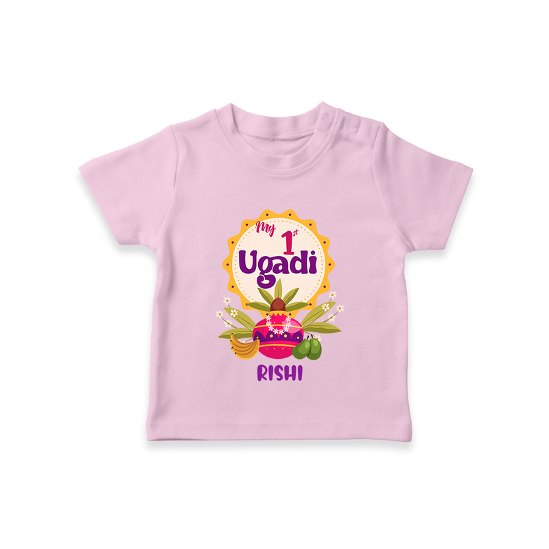 My First Ugadi In Traditional Style With Our Customized T-Shirt For kids With Name - PINK - 0-5 Months Old (Chest 17")