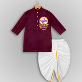 My First Ugadi In Traditional Style With Our Customized Drapped Dhoti For kids With Name - MAROON - 0 - 6 Month Old (Chest 24", Kurta Length 14" , Waist 19", Dhoti Length 14")