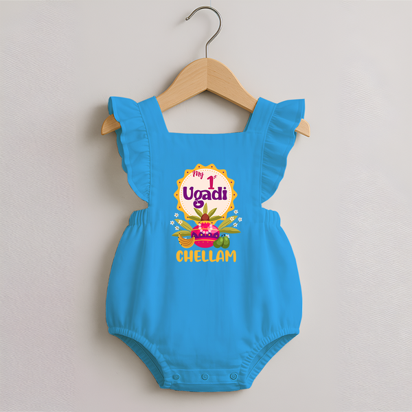 “My First Ugadi – Custom Name   Festive RomperFrock” - SKY BLUE - 0 - 3 Months Old (Chest 19")