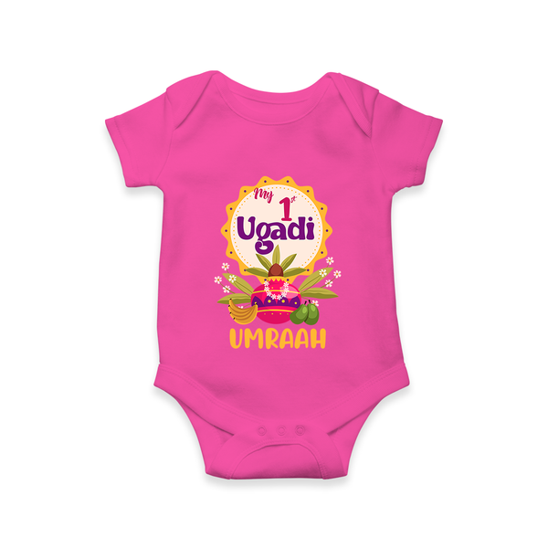“My First Ugadi – Custom Name Baby Festive Romper” - HOT PINK - New Born (Chest 14")