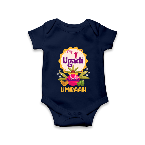 “My First Ugadi – Custom Name Baby Festive Romper” - NAVY BLUE - New Born (Chest 14")