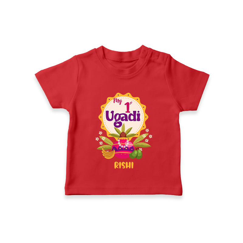 My First Ugadi In Traditional Style With Our Customized T-Shirt For kids With Name - RED - 0-5 Months Old (Chest 17")