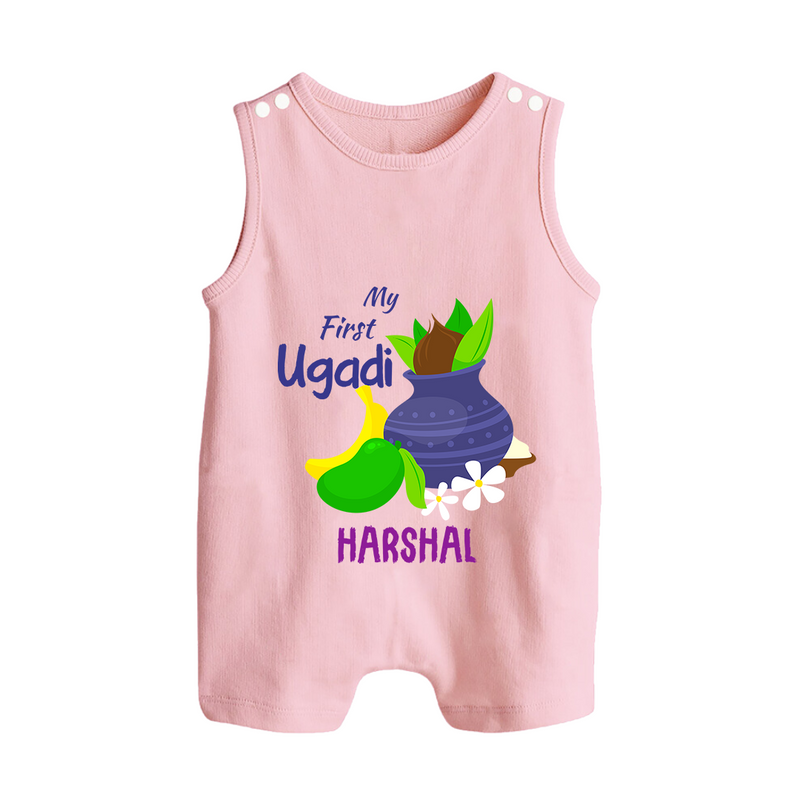 My First Ugadi With Mangoes & Sweets With Our Customized Romper Suit For Babies With Name - BABY PINK - 0 - 5 Months Old (Chest 18")