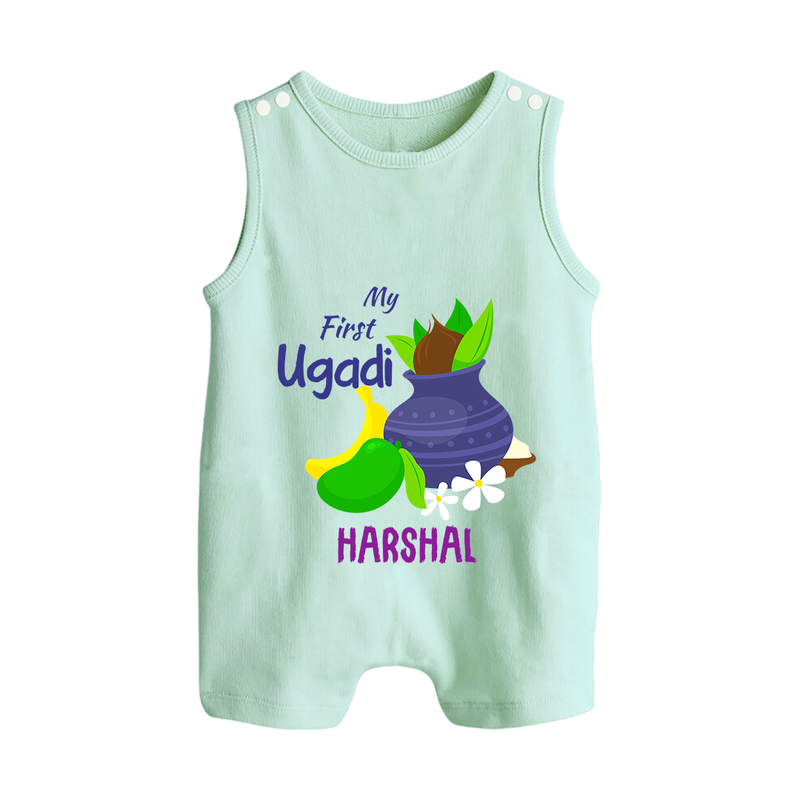 My First Ugadi With Mangoes & Sweets With Our Customized Romper Suit For Babies With Name - MINT GREEN - 0 - 5 Months Old (Chest 18")