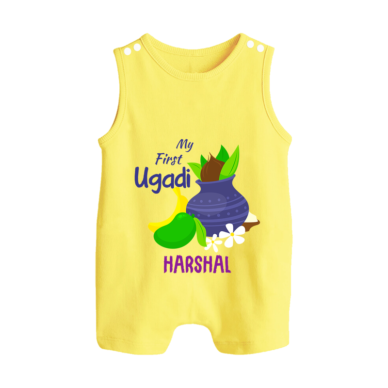 My First Ugadi With Mangoes & Sweets With Our Customized Romper Suit For Babies With Name - PASTEL YELLOW - 0 - 5 Months Old (Chest 18")