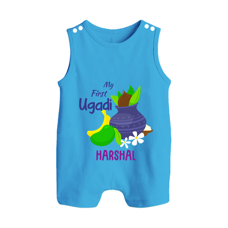 My First Ugadi With Mangoes & Sweets With Our Customized Romper Suit For Babies With Name - ROYAL BLUE - 0 - 5 Months Old (Chest 18")