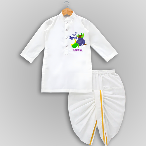 My First Ugadi With Mangoes & Sweets With Our Customized Drapped Dhoti For kids With Name