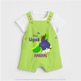 My First Ugadi With Mangoes & Sweets With Our Customized Dungaree Set For kids With Name - GREEN - 0 - 5 Months Old (Chest 18")