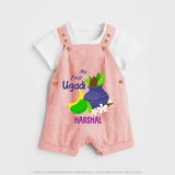 My First Ugadi With Mangoes & Sweets With Our Customized Dungaree Set For kids With Name - PEACH - 0 - 5 Months Old (Chest 18")