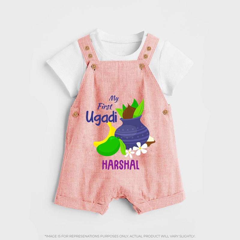 My First Ugadi With Mangoes & Sweets With Our Customized Dungaree Set For kids With Name - PEACH - 0 - 5 Months Old (Chest 18")