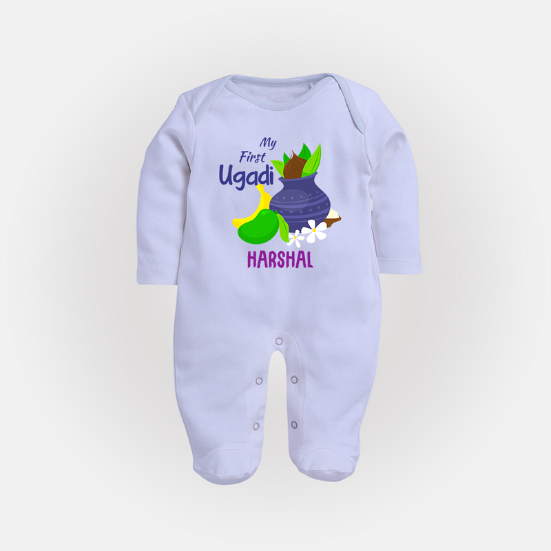 My First Ugadi With Mangoes & Sweets With Our Customized Sleep Suit For Babies With Name - BABY BLUE - New Born (Chest 7.5")