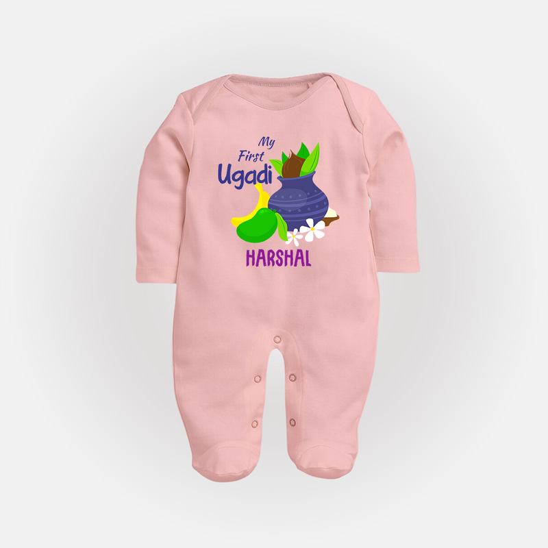 My First Ugadi With Mangoes & Sweets With Our Customized Sleep Suit For Babies With Name - BABY PINK - New Born (Chest 7.5")