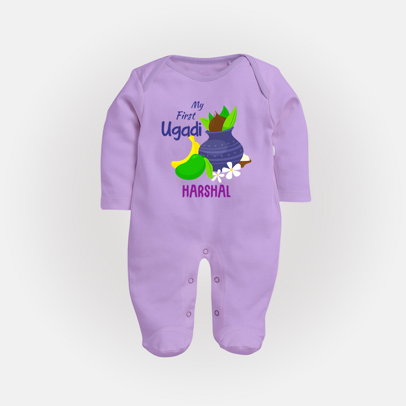 My First Ugadi With Mangoes & Sweets With Our Customized Sleep Suit For Babies With Name - LILAC - New Born (Chest 7.5")