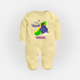 My First Ugadi With Mangoes & Sweets With Our Customized Sleep Suit For Babies With Name - PASTEL YELLOW - New Born (Chest 7.5")