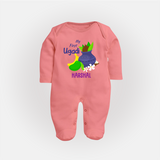 My First Ugadi With Mangoes & Sweets With Our Customized Sleep Suit For Babies With Name - PEACH - New Born (Chest 7.5")