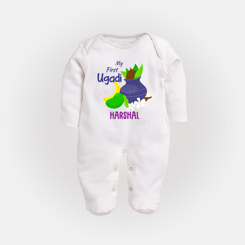 My First Ugadi With Mangoes & Sweets With Our Customized Sleep Suit For Babies With Name