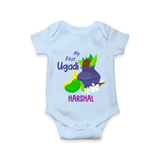 My First Ugadi With Mangoes & Sweets With Our Customized Romper For Babies With Name - BABY BLUE - 0 - 3 Months Old (Chest 16")