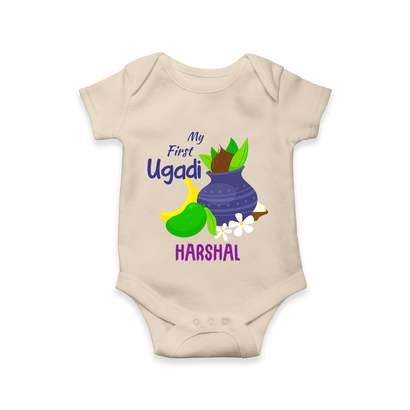 My First Ugadi With Mangoes & Sweets With Our Customized Romper For Babies With Name - IVORY - 0 - 3 Months Old (Chest 16")