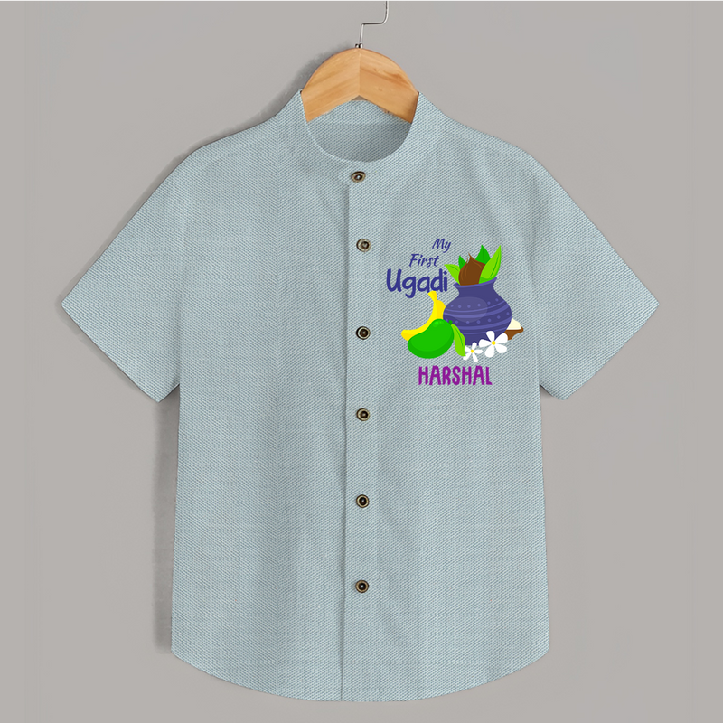 My First Ugadi With Mangoes & Sweets With Our Customized Shirt For kids With Name - ARCTIC BLUE - 0 - 6 Months Old (Chest 23")