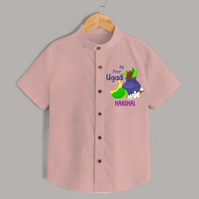 My First Ugadi With Mangoes & Sweets With Our Customized Shirt For kids With Name - PEACH - 0 - 6 Months Old (Chest 23")