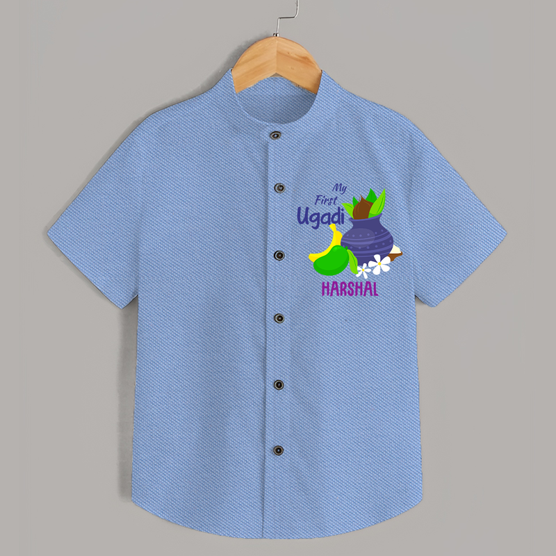 My First Ugadi With Mangoes & Sweets With Our Customized Shirt For kids With Name - SKY BLUE - 0 - 6 Months Old (Chest 23")