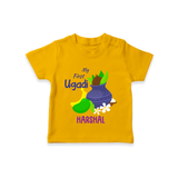 My First Ugadi With Mangoes & Sweets With Our Customized T-Shirt For kids With Name - CHROME YELLOW - 0-5 Months Old (Chest 17")